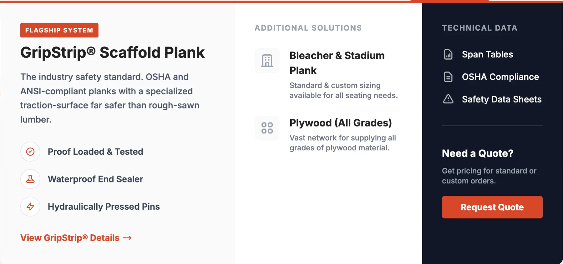 A clear, structured navigation puts Products & Specs, Projects, and Get a Quote one click away for every kind of industrial buyer.