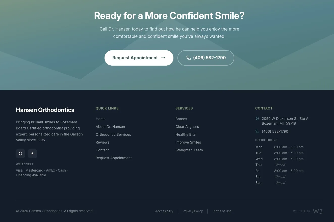 A warm closing call-to-action over a calming gradient, plus a footer with full contact info, office hours, accepted payments, and quick links.