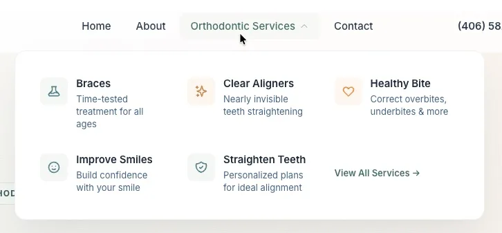 Hansen Orthodontics Services menu — after