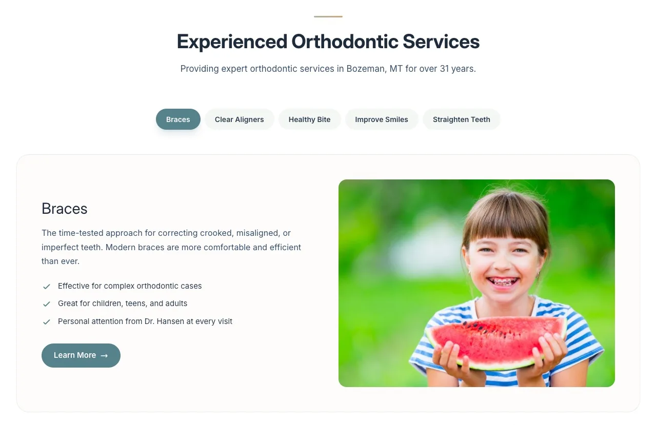 Interactive services explorer — tabbed treatments (Braces, Clear Aligners, Healthy Bite, and more), each with plain-language benefits and a clear next step.