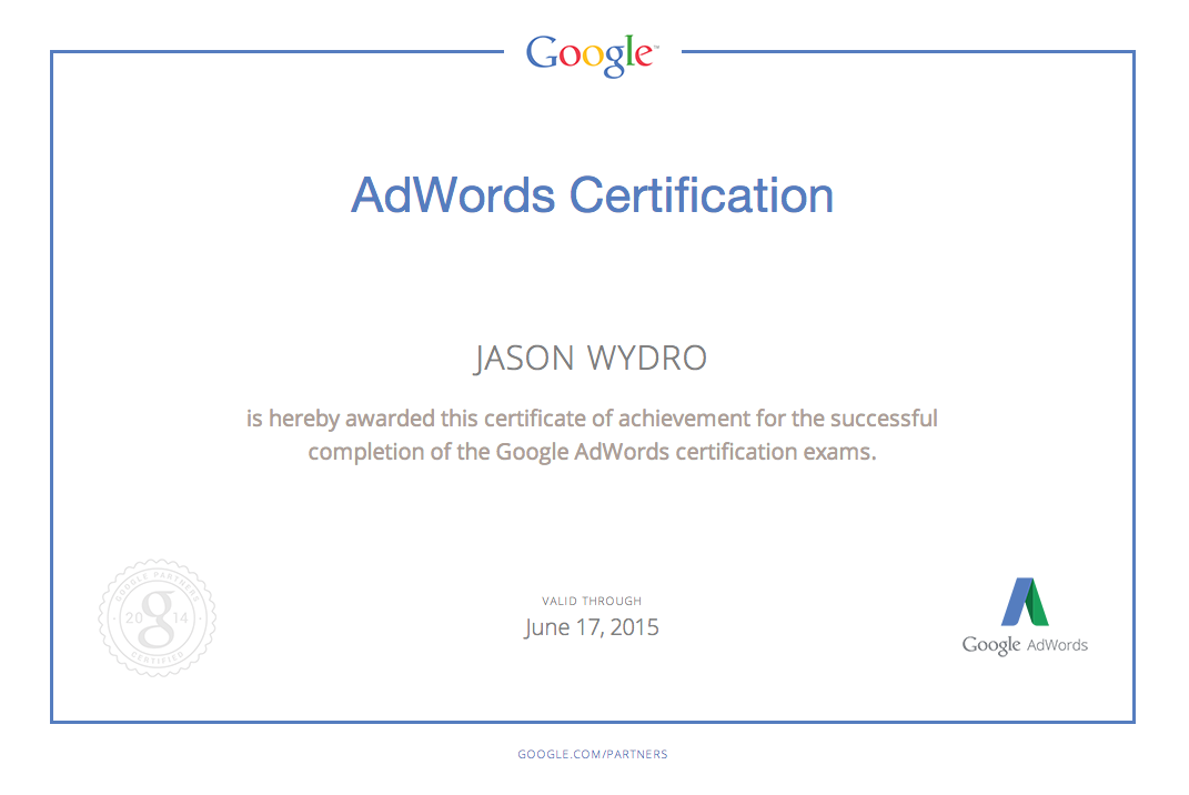 Jason' Google Adwords Certifcate