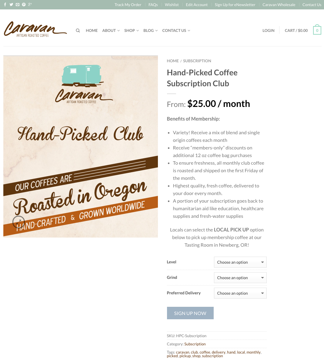 Web design and shopping cart for Newberg, OR based coffee roaster, based on WordPress