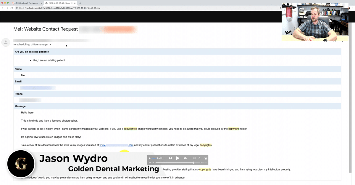 DDS & DMD Owners Hit By Phishing Fraud Email “Mel” - Copyright Claims Legal | Golden Dental Marketing | Ep. 240