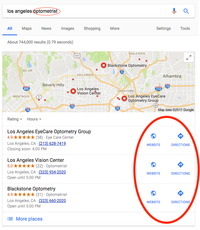 Google Map results showing Website and Directions links in place of images on another larger city, Los Anegels