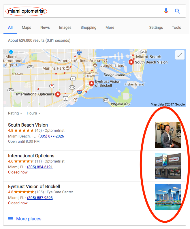 "Miami optometrist" Google Map results show images in place of "Website" and "Directions" link.