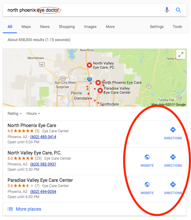 Normal Google Maps results showing Website and Directions links