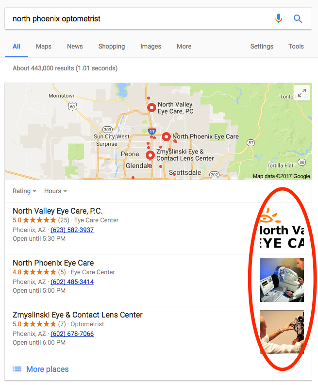 Google search results showing images in place of website and directions links for specific cities and professional service searches