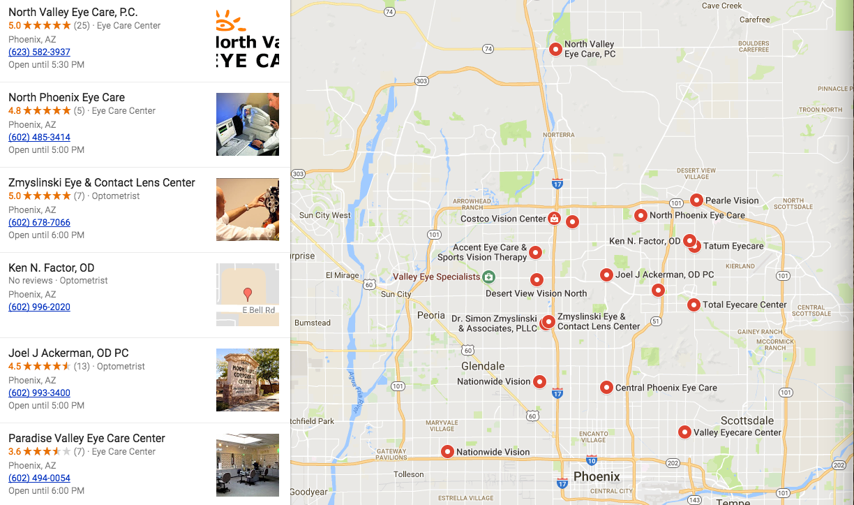 Image based Google Maps search results showing logos and images in place of Website and Directions links